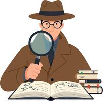 Detective character examining clues with a magnifying glass in flat art vector