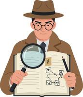 Detective examining clues with magnifying glass in flat art vector