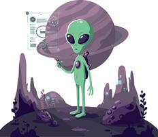 Alien character exploring a futuristic landscape in flat art vector