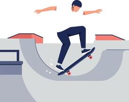 Skateboarder performing tricks in a skate park with flat art vector
