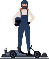 Kart racer in blue overalls with helmet standing beside go-kart illustration vector