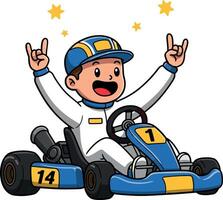 Excited child racing in go-kart with hand signs flat art vector