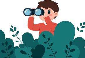 Boy observing nature with binoculars in flat illustration vector