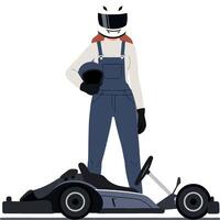 Racing driver standing confidently next to go-kart in minimal art vector