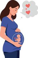 Pregnant woman holding belly with baby illustration in flat art vector