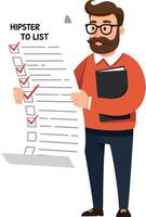 Hipster man holding checklist with checked items in flat art vector