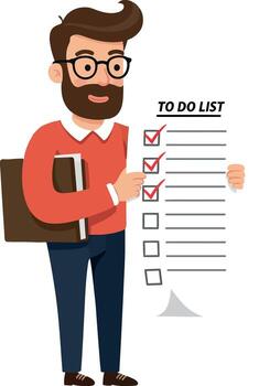 Man holding checklist with completed tasks in flat art vector