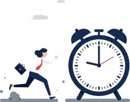 Business person running towards large alarm clock in flat art vector