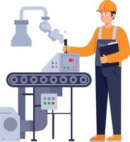 Factory worker operating machinery in flat art style illustration vector