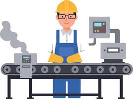 Worker operating machinery on conveyor belt in flat illustration vector