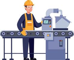 Industrial worker operating machinery on a conveyor belt in flat art vector