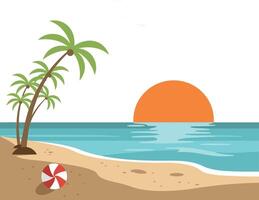 Beach scene with palm trees and sunset in flat art vector