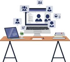 Desk setup with computer, laptop, and networking icons in flat art vector