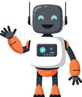 Friendly robot character waving in flat minimal art vector