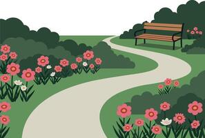 Serene park scene with flowers and bench in flat art vector
