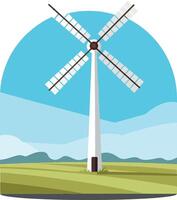 Wind turbine rotating in flat design with green landscape art vector