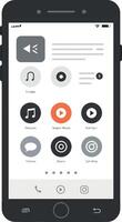 Mobile device displaying music controls in flat art vector