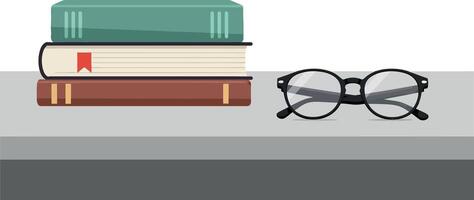 Stacked books and glasses in minimal flat illustration vector