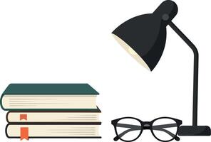 Stylish desk setup with books and lamp in flat illustration vector