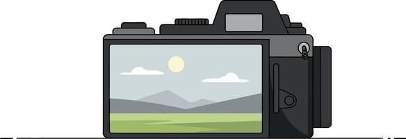 Camera displaying beautiful landscape scene in flat art vector