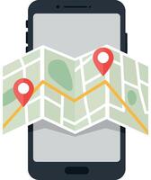 Smartphone displaying a detailed map with markers in flat art vector