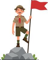 Scout boy standing on rock holding flag in minimal art vector