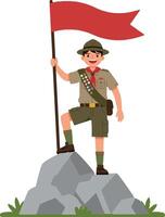 Scout standing proudly on a rock with a flag in flat art vector