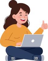 Happy woman working on laptop while sitting in casual style art vector