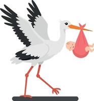 Stork carrying baby in a bundle in flat art vector