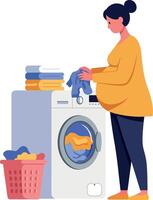 Woman doing laundry with washing machine in flat art vector