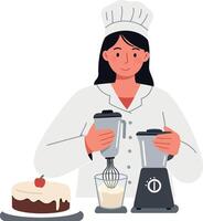 Chef preparing dessert using blender and whisk in flat art vector
