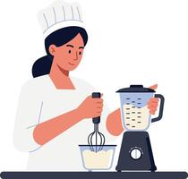 Chef mixing ingredients with a blender in flat illustration vector