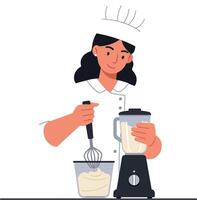 Chef mixing ingredients in a blender with flat art style vector