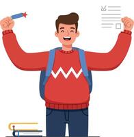 Happy student celebrating success with arms raised in flat art vector