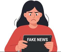 Woman reading tablet with worried expression in flat art vector