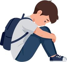 Sad boy sitting with backpack in flat art style illustration vector