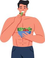 Healthy man enjoying salad in minimal flat illustration vector