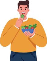 Happy man enjoying fresh salad in flat art style vector