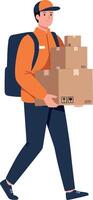 Delivery person carrying stacked boxes in flat illustration vector