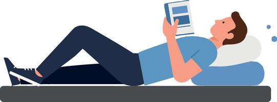 Man relaxing on a bed reading a book in flat art vector