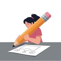 Girl drawing a car design with oversized pencil in flat art vector