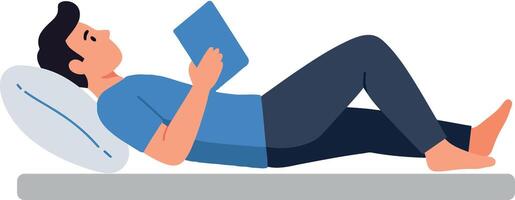 Person relaxing on a bed reading a book in flat art vector