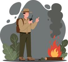 Ranger communicating while managing a fire in flat art vector