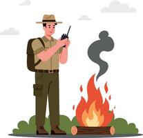 Forest ranger using radio near campfire in flat art vector