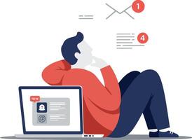 Person thinking while relaxing with laptop in flat art vector