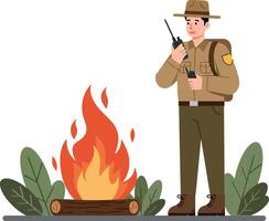 Park ranger monitoring campfire safety in flat art vector