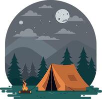 Camping scene with tent and campfire in flat illustration vector