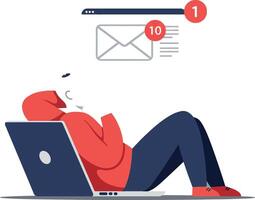 Person relaxing with laptop receiving notifications in flat art vector