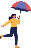 Woman joyfully running with colorful umbrella in flat illustration vector