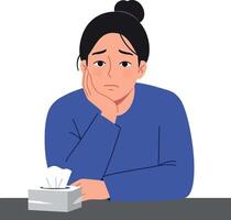 Woman with sad expression sitting at table in flat art vector
